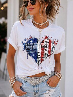 New Jodi Pedri USA Graffiti Heart Tee Medium Rhinestone Patriotic July 4th Shirt